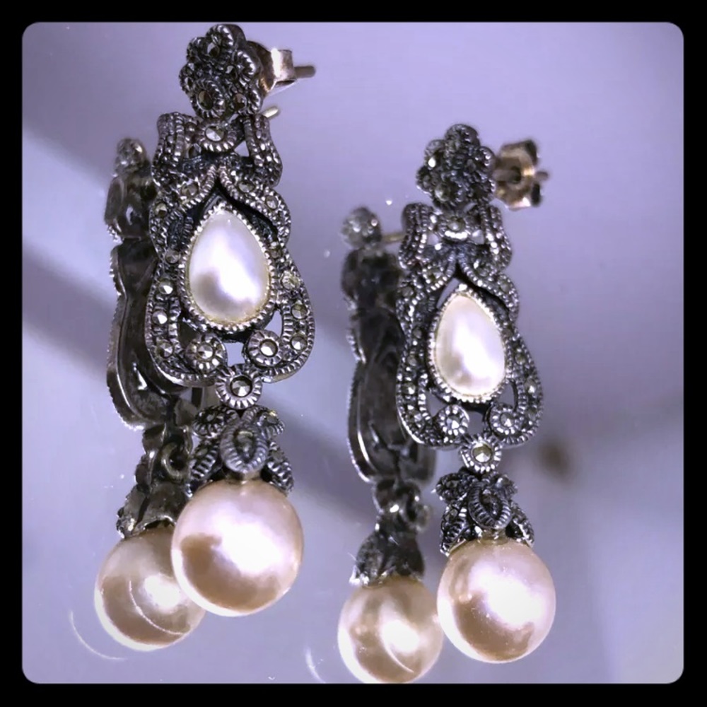 Judith Jack Sterling Dangle earrings Faux Pearls